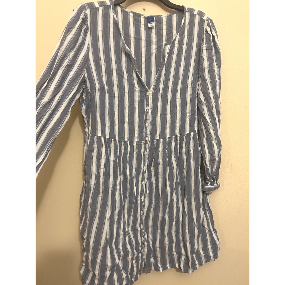 Old Navy Striped Mini Dress Womens L Blue White Button Front Long Sleeve
